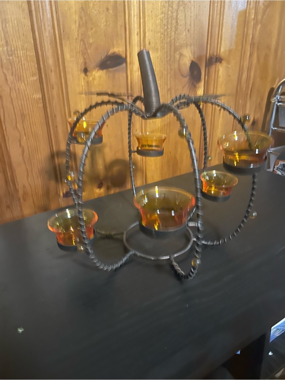 Amber Glass Tea Light Candelabra with Iron Frame